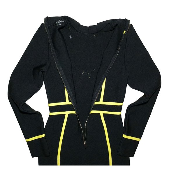 Athina Black & Yellow Outlined Bandage Long-Sleeve Rayon Dress Size Small - Picture 7 of 12